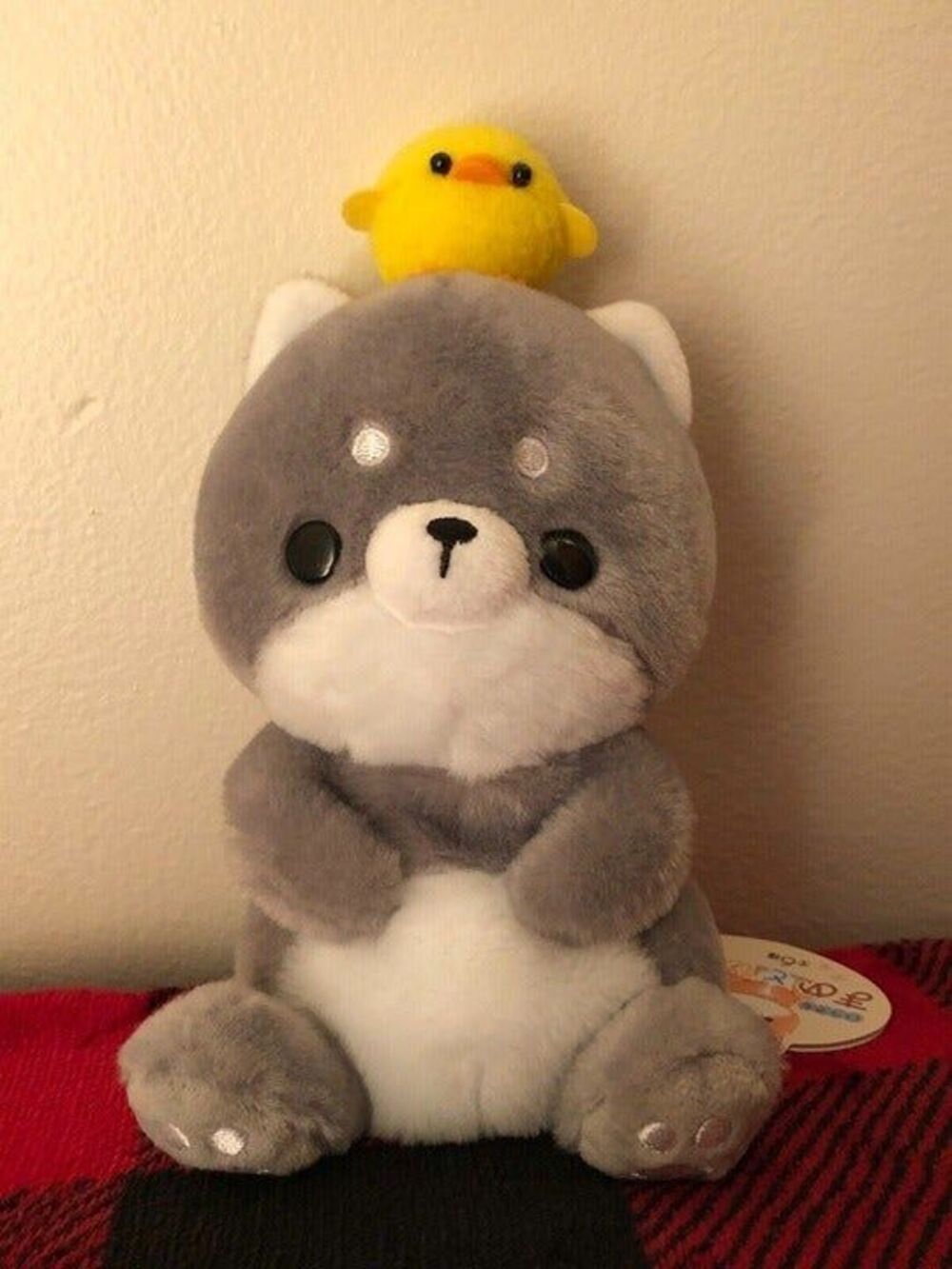YELL Mametopiyo Grey Shiba Dog with Baby Chick Plush 7.5" Japan Import NWT